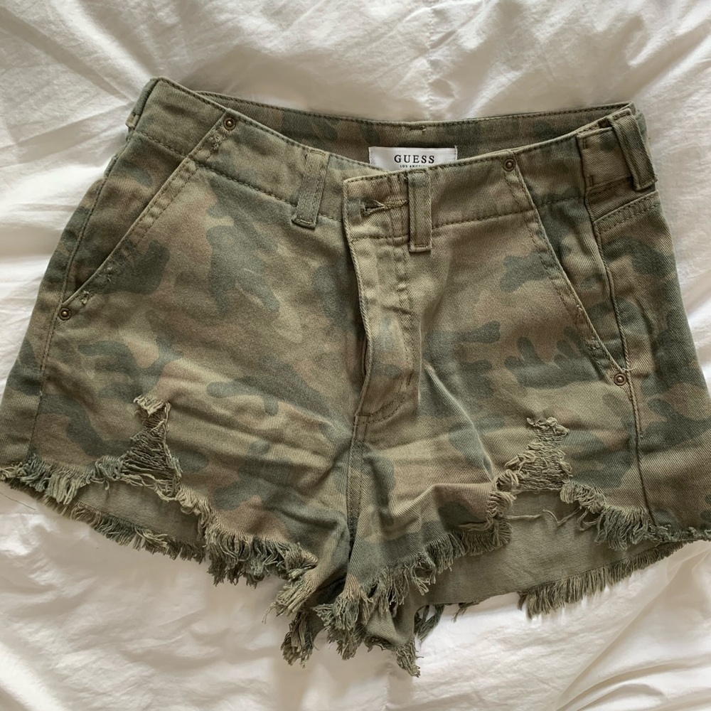 GUESS Women's Camo Green Frayed Shorts